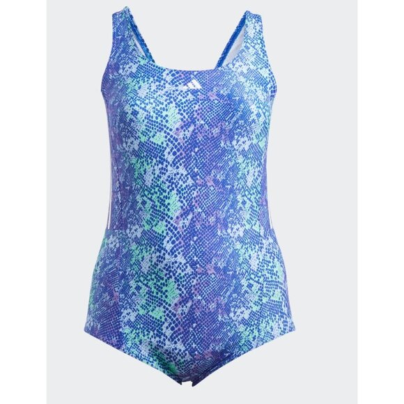 adidas - Women's 3-Stripes Graphic Swimsuit Blue Purple Snakeskin 2X - Picture 1 of 3